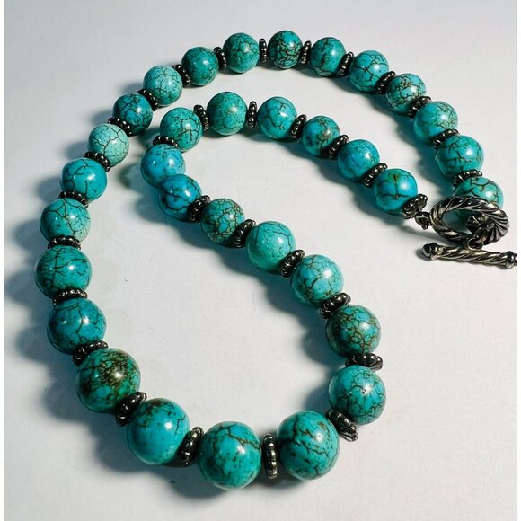 Faux Turquoise Necklace Graduating Beads Silver Accents & Toggle Clasp 22" - Picture 1 of 5